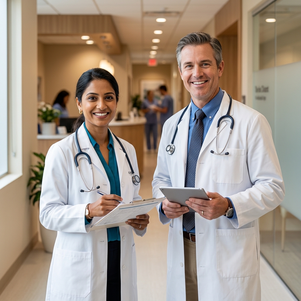 Two clinicians in a clinic corridor reviewing patient information.